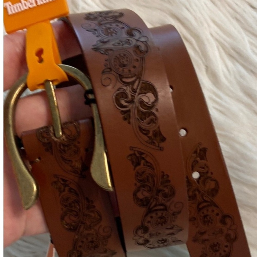 Timberland Brown Embossed Leather Belt with Brass Buckle - Size Large